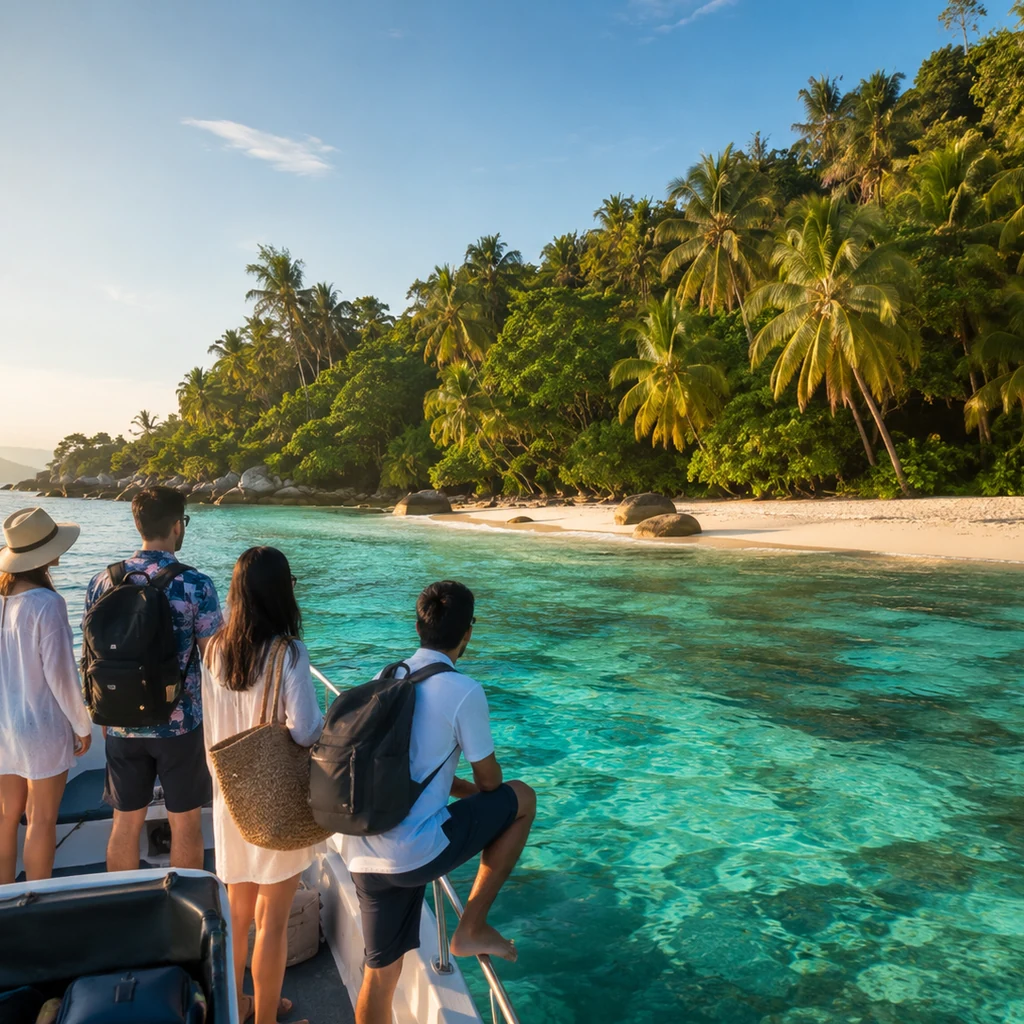 Travelers arriving by boat to a turquoise Sabah island beach