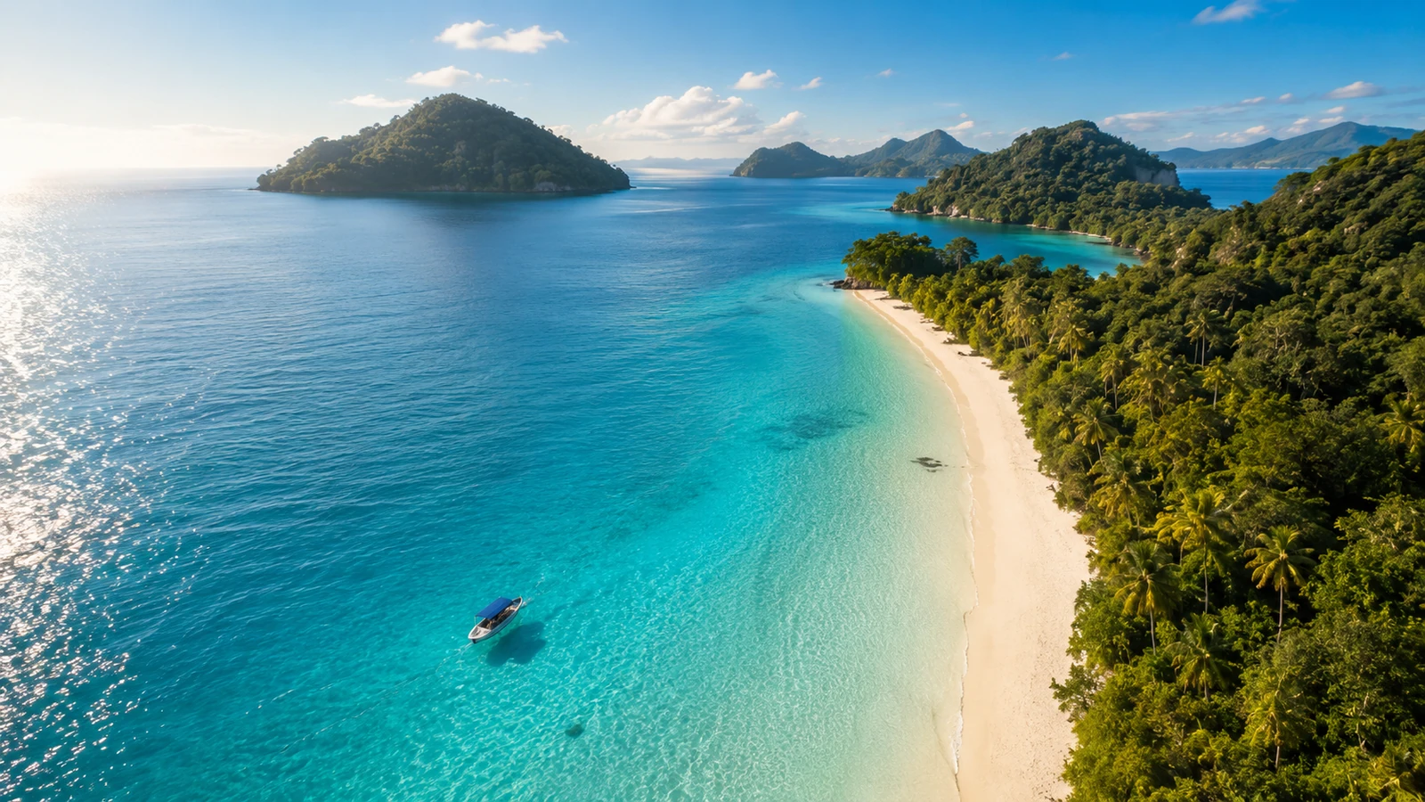 Aerial view of turquoise Sabah islands and white beach