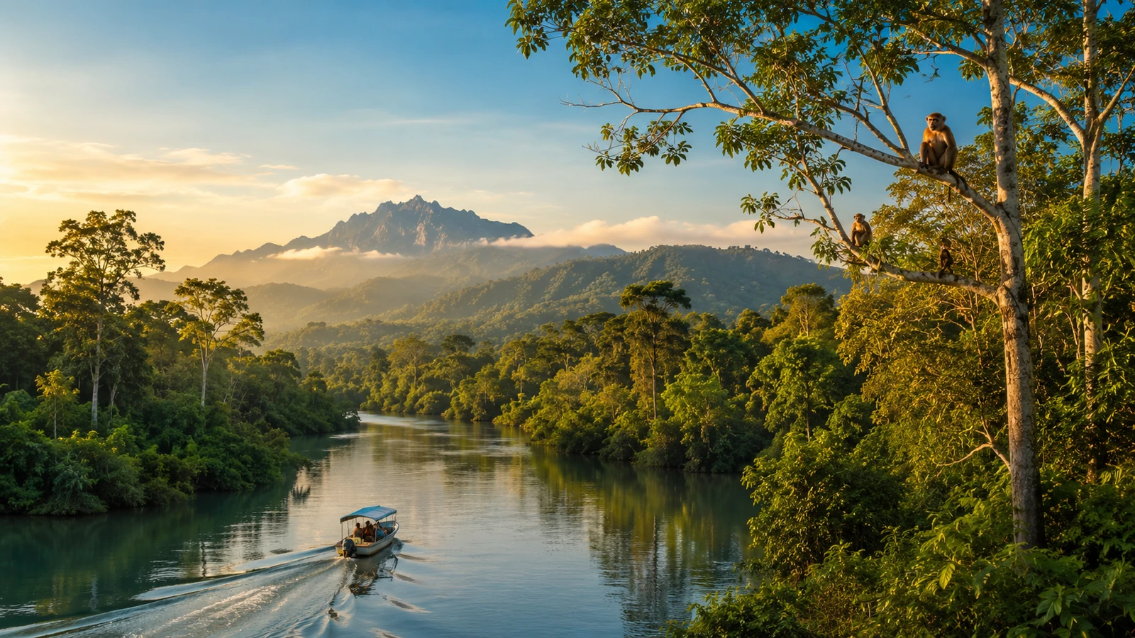 Rainforest river cruise through Sabah jungle