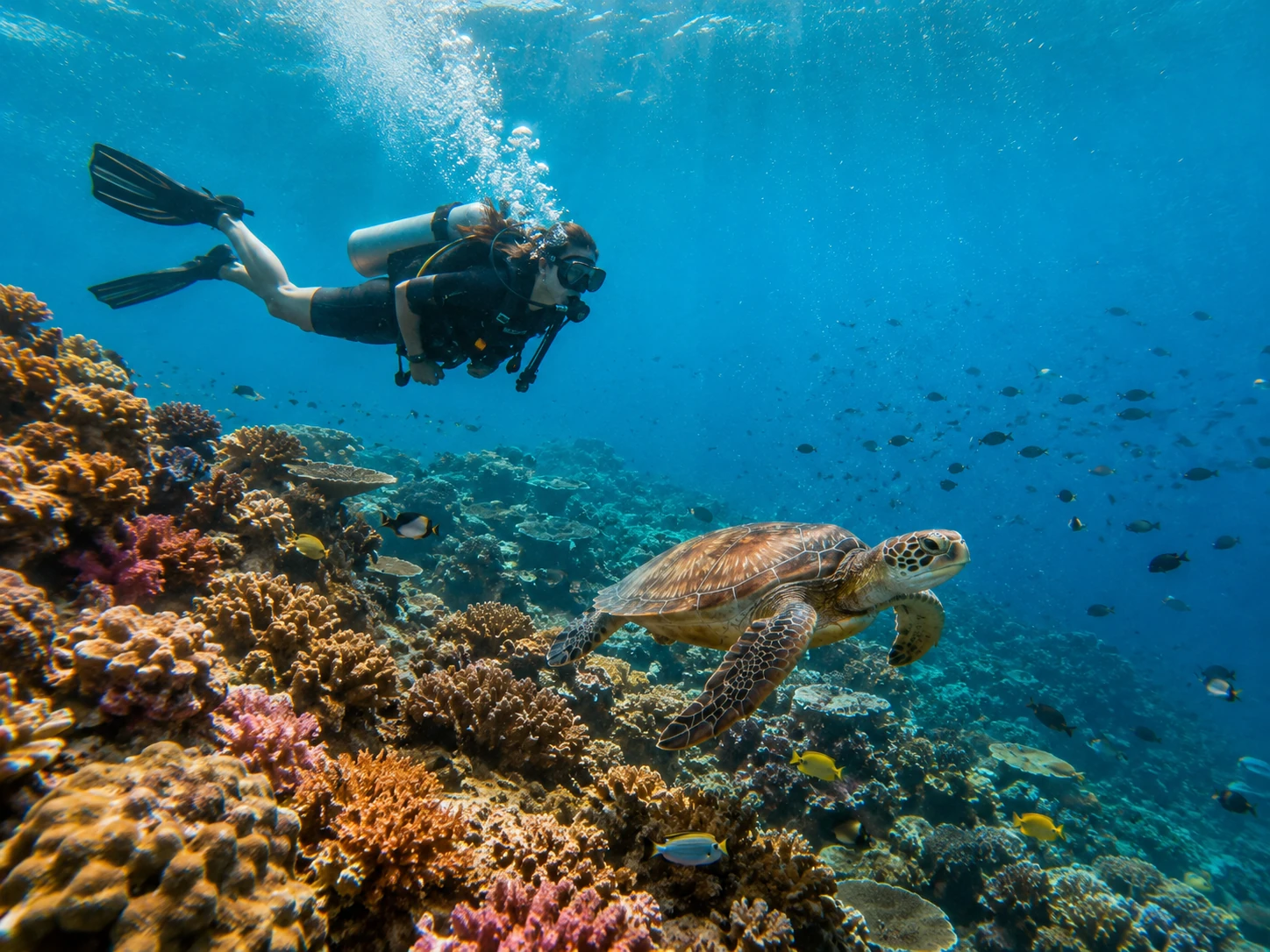 Scuba diver and sea turtle over Sabah coral reef