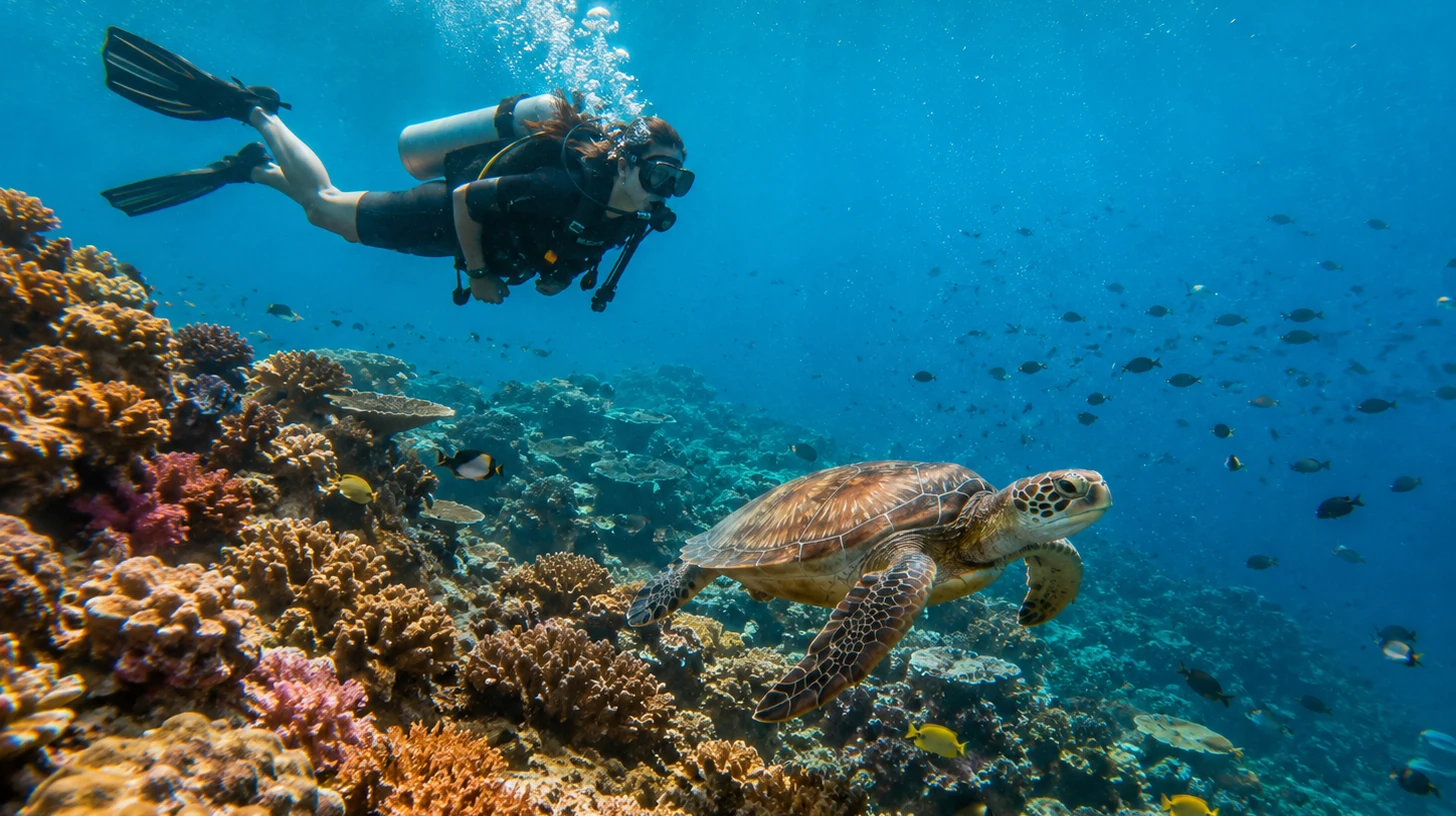 Scuba diver swimming with a sea turtle over a Sabah coral reef