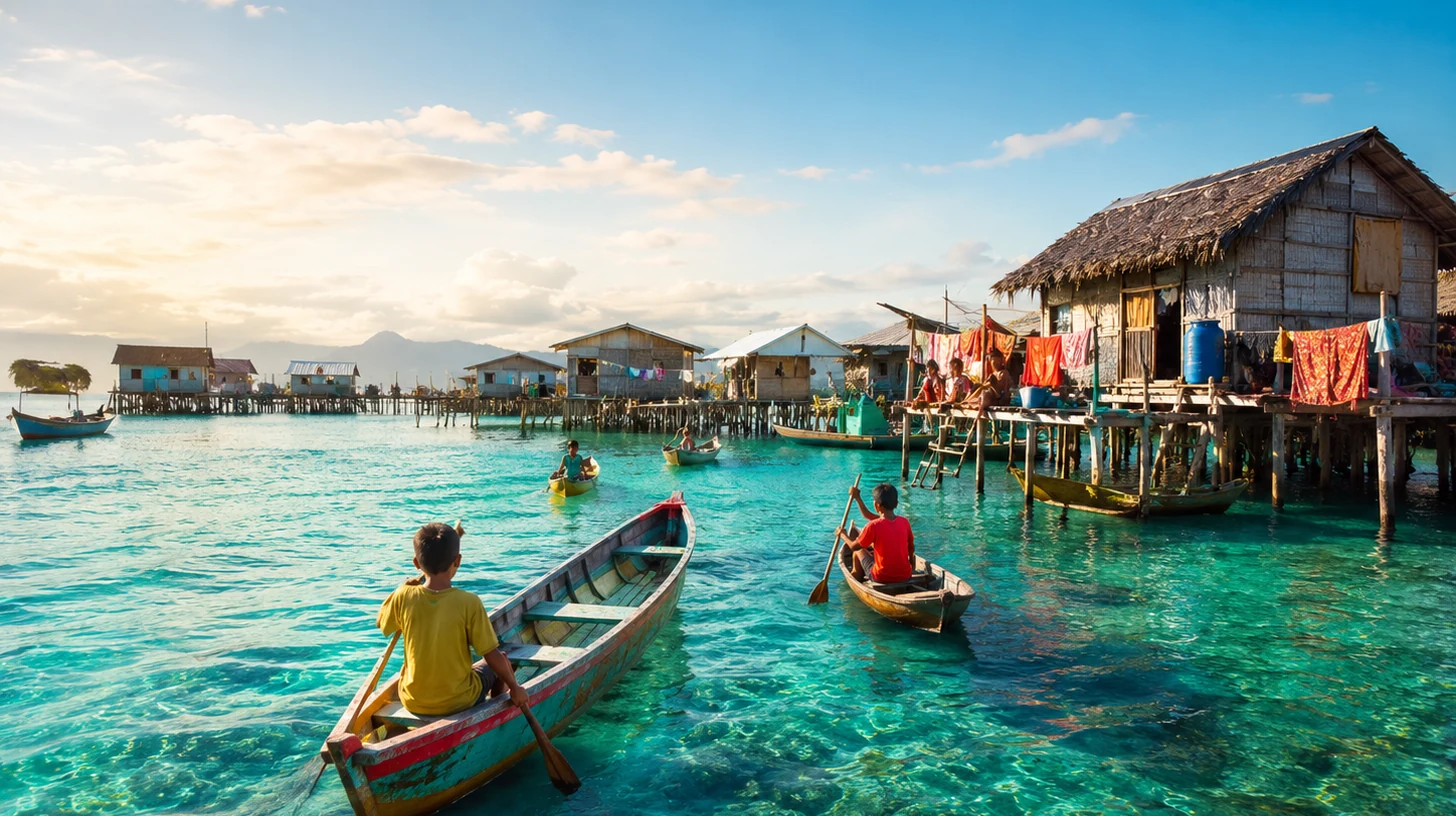 Colorful boats and stilt houses over clear Sabah waters